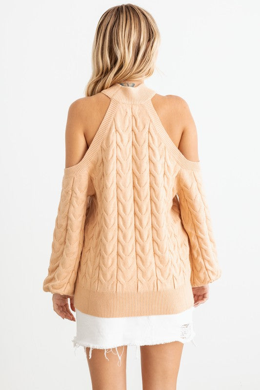 Cable Knit Cold Shoulder Long Sleeve Sweater